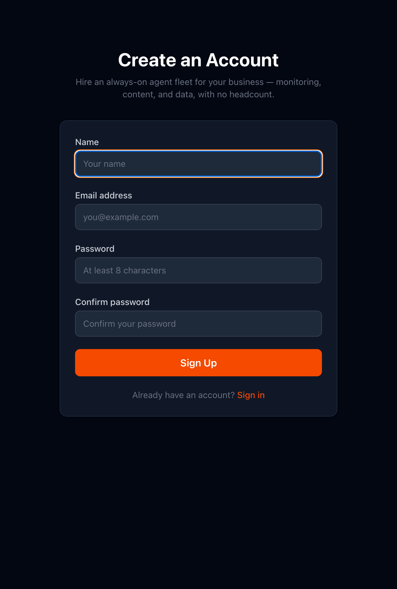 Create an account screen